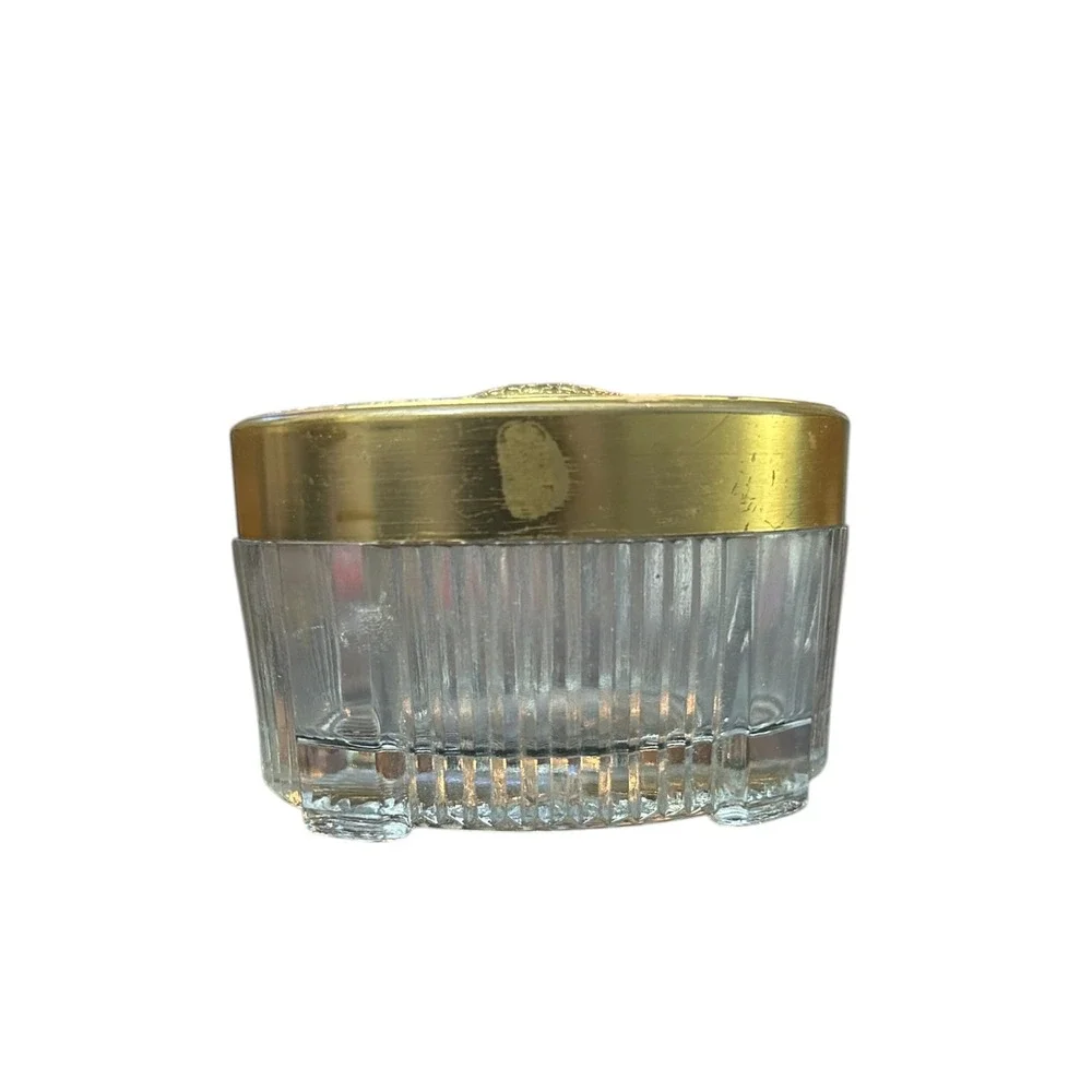 Vintage Art Deco Oval Glass Vanity Jars Set of 3 Brass Floral Embossed Lids